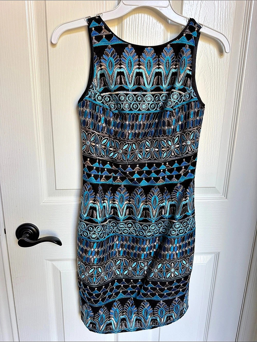 White House Black Market Black Blue & Gray Floral Embroidered Dress Petite 0P